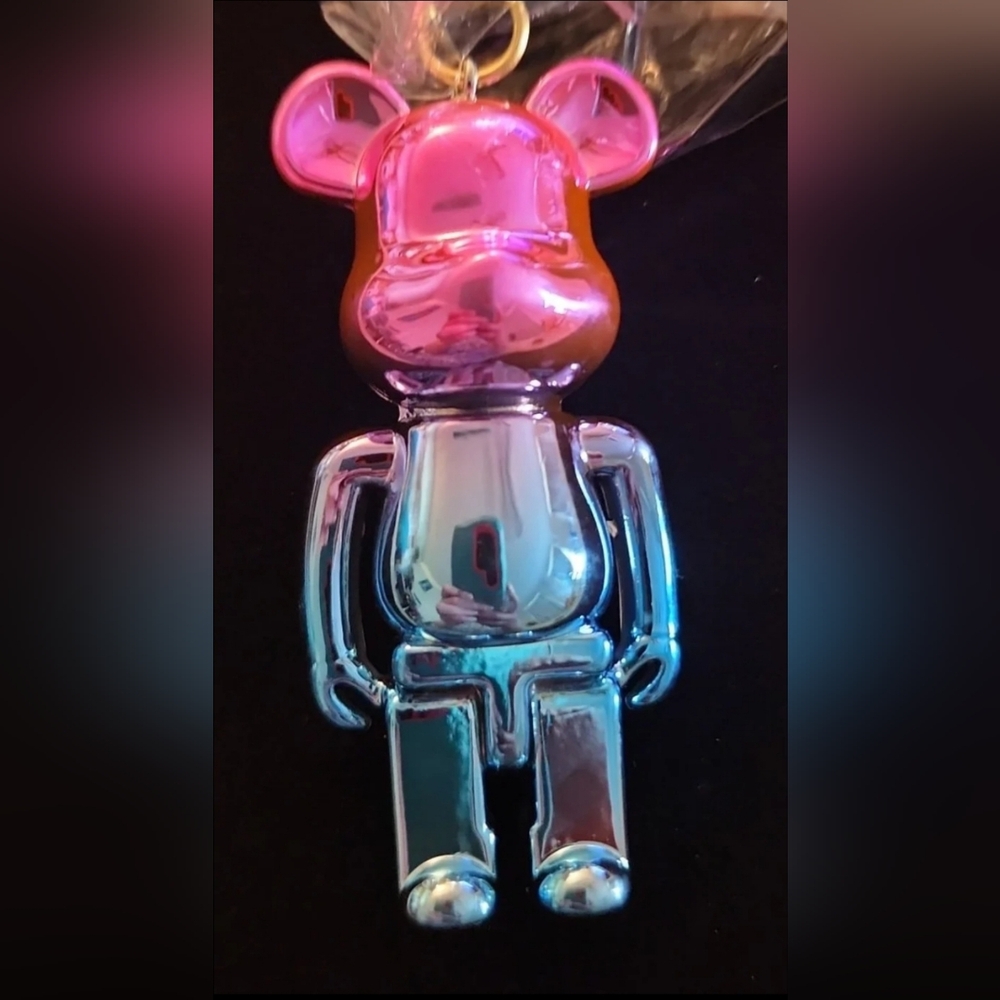 BearBrick Metallic Pink & Blue Bear Keychain with Bell on Keychain